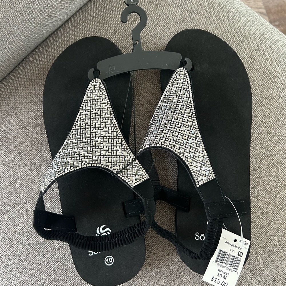 Black and Silver Sandals with Rhinestone Detail